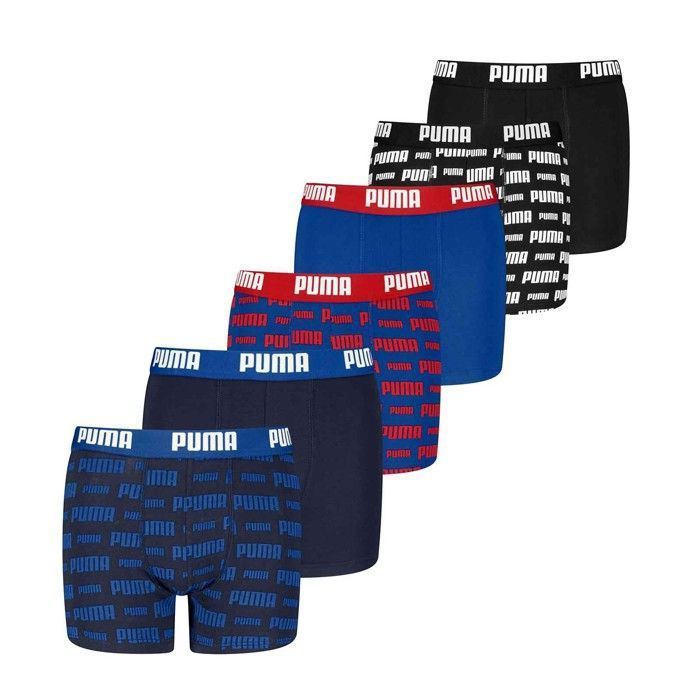 PUMA - Pack de 6 bóxers de algodón orgánico para niño con estampado de logo para uso diario - A partir de 16 años - Negro, azul, rojo