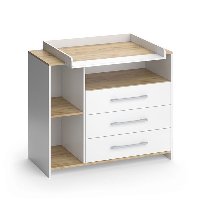 Commode à langer Oskar 113x93cm avec 3 tiroirs Chêne blanc/force de l'or Chêne de force doré Vicco 55591