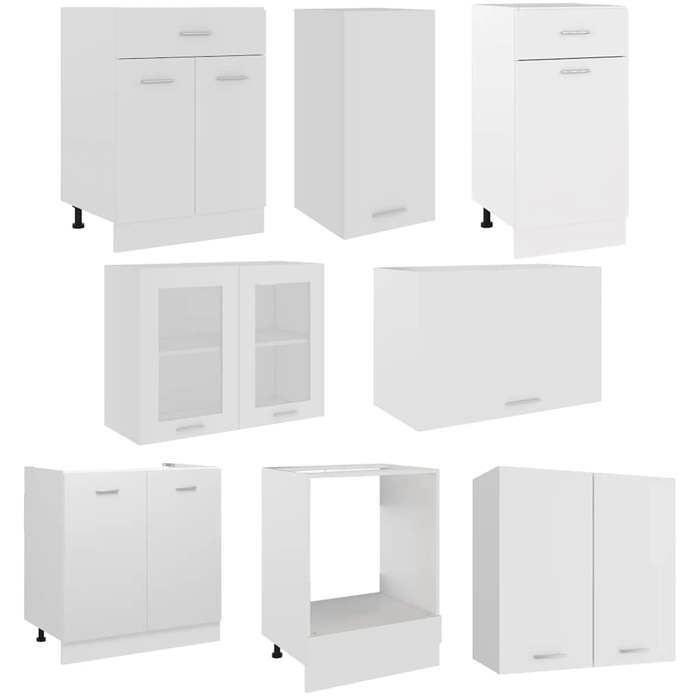 Set di mobili da cucina a 8 pezzi - Lyon - Bianco opaco - Legno ingegnerizzato - Ampio spazio contenitivo