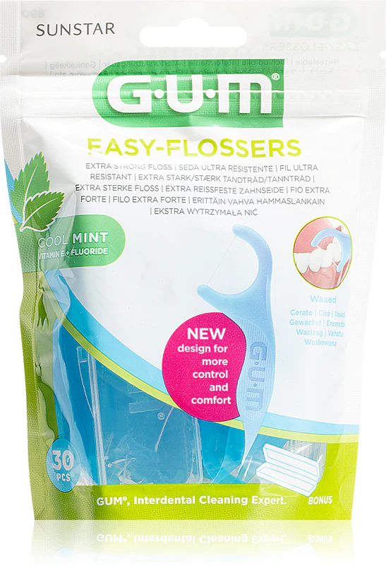 GUM Easy Floessers fio dental expansível e suave com flúor e menta.