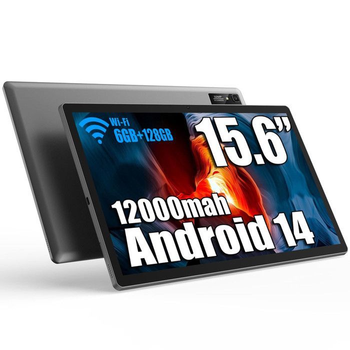Tablet MESWAO de 15,6 polegadas com Android 14, 12 GB de RAM + 256 GB de ROM, bateria de 12000 mAh, Bluetooth 5.0, Wi-Fi 2.4G/5G e câmera de 32 MP.