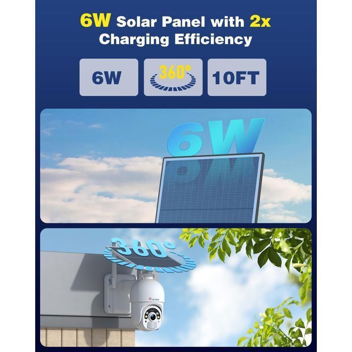 Ctronics 5MP bewakingscamera, 6W zonnepaneel, PIR-bewegingssensor voor persoonsdetectie en automatische tracking, hoorbaar en visueel alarm