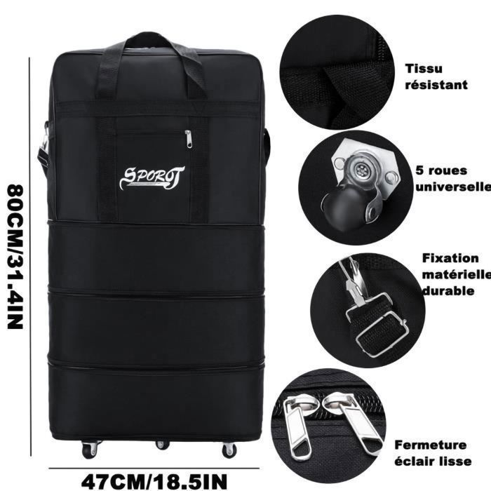 Sac de Sport - Extensible Pliable Duffle Bag avec Roues Rotatives à 360 ° Sac de Voyage Pliable à Trois Couches