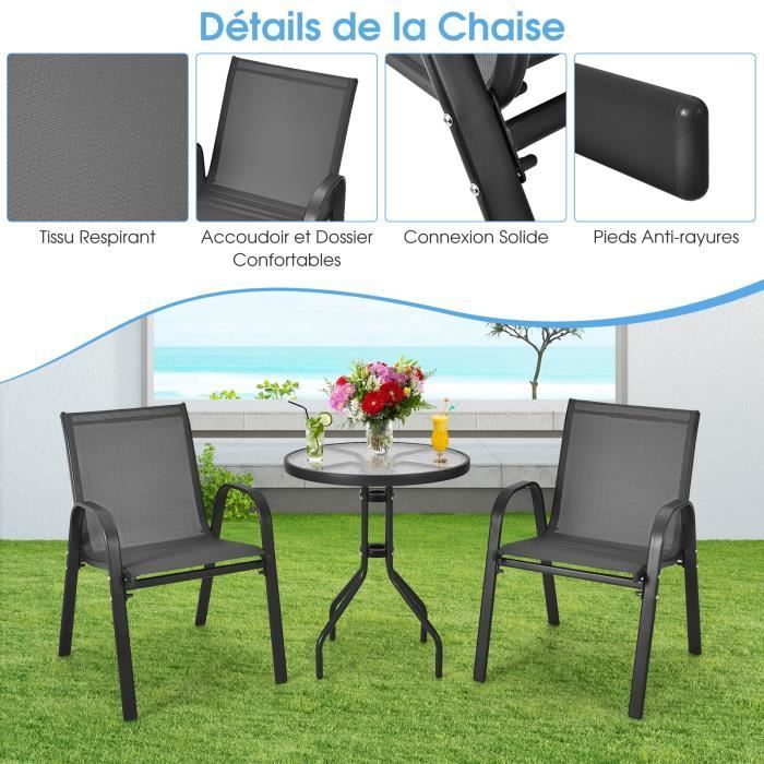 COSTWAY Salon de Jardin 3 Pièces - 1 Table de Jardin Exterieur avec 2 Fauteuils, Plateau Ø 60 cm en Verre Trempé Cadre en Acier
