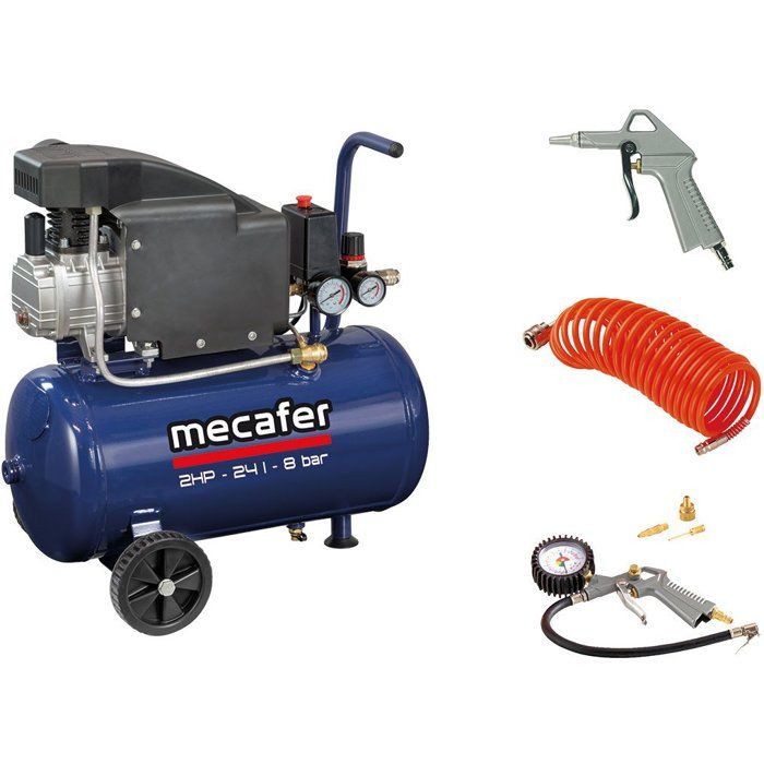 Horizontal Air Compressor - Mecafer - 24 L - 2 HP - 8 Bar - Includes: Hose + Blow Gun + Inflation Gun + 3 Nozzles - Blue