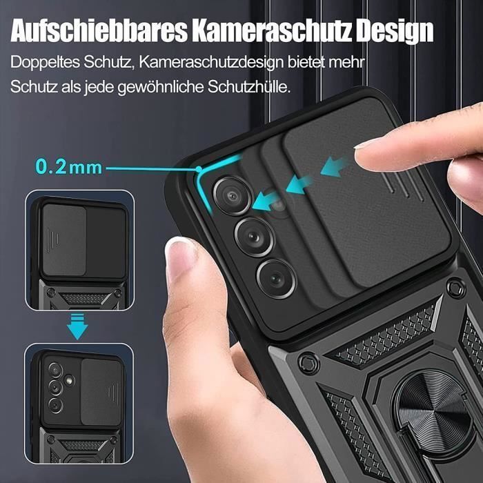 Case for Samsung Galaxy A14 - with 2 Tempered Glass Screen Protectors - Shockproof - 360° Rotating Ring - Lens Protector - Black