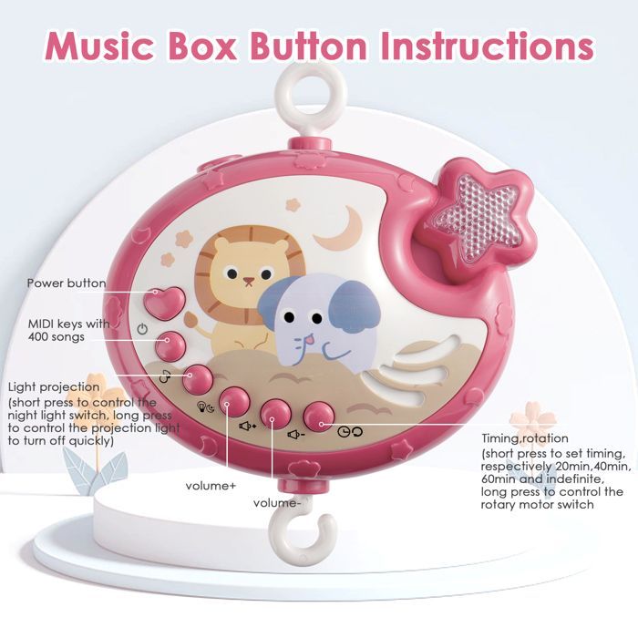TTLIFE Musical Baby Crib Mobile, 360° Rotating Baby Crib Mobile with Star Projection, Animal Rattles Baby Toys