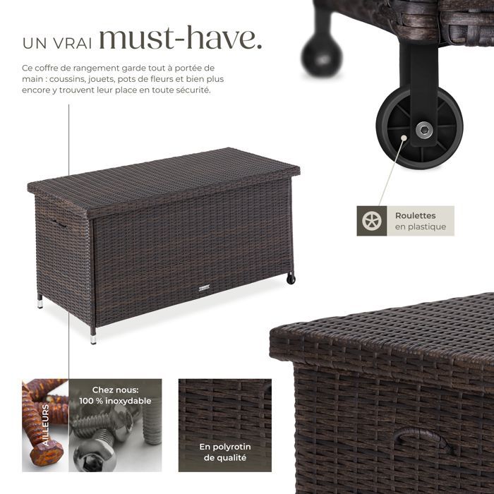 Rangement d'extérieur - TECTAKE - Coffre de jardin KIRUNA en polyrotin avec poignées et 2 roulettes 121 x 56 x 60 cm 270 L - Marron