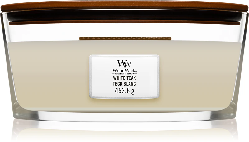 Woodwick White Teak geurkaars met houten lont (Heartwick)
