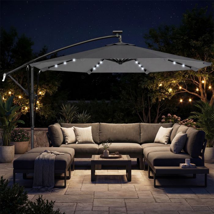 Parasol déporté - parasol de jardin - 32 lampes LED avec manivelle UV 50+ et housse de protection - aluminium - Ø 295cm - gris