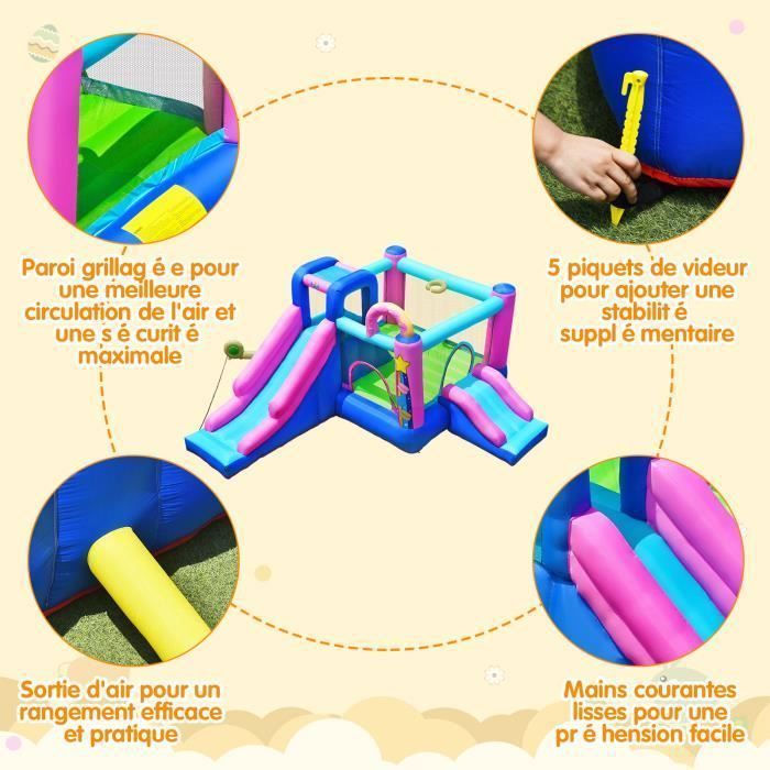 COSTWAY 5-in-1 Inflatable Castle with 2 Slides and Carry Bag, 416 x 350 x 200 cm, Max Load 90 kg, Blower Not Included