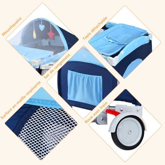 Lettino da viaggio pieghevole DREAMADE per neonati con zanzariera, vano portaoggetti laterale, giocattoli da appendere, musica, ruote con freno, colore blu.