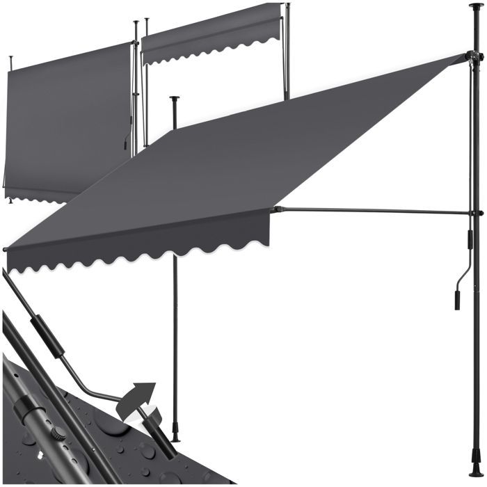 Store banne de jardin - TECTAKE - Store à pince sans perçage avec manivelle réglable en hauteur - Noir/Gris - 250 x 180 cm