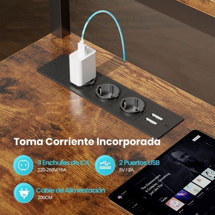 Scrivania HLONONE, 170 x 100 cm, scrivania da gaming a L con illuminazione a LED, tavolo per computer con presa di corrente e porta USB integrate, con cassetto, marrone