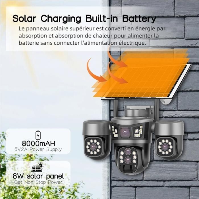 Caméra de surveillance 4G solaire 6MP PTZ à 3 objectifs, zoom optique 10X, vision nocturne etaudio bidirectionnel