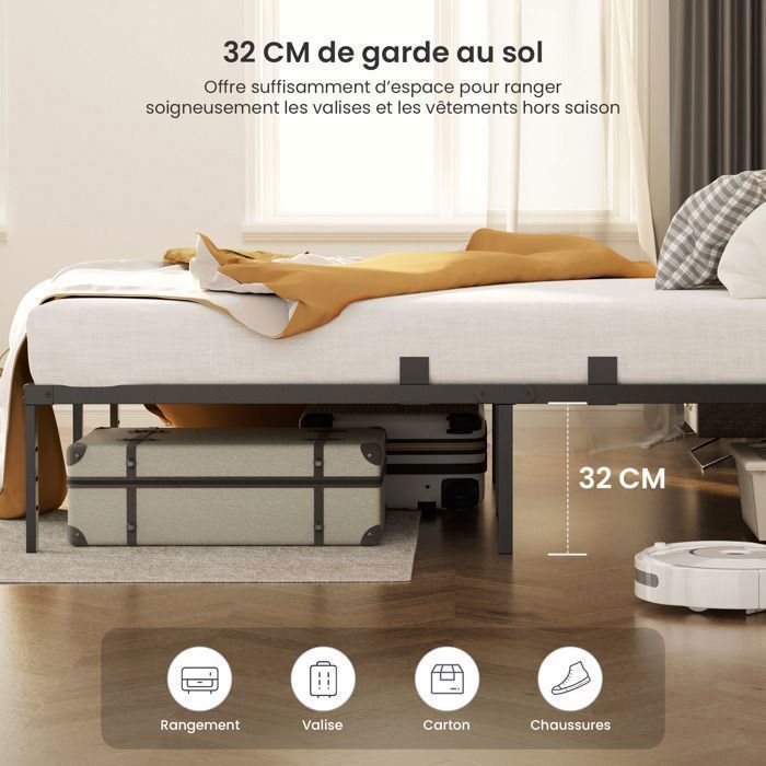 Estructura de cama para adultos - AURALUM MAX - 140x190cm - 9 patas - 14 listones metálicos - Capacidad de carga: 480kg