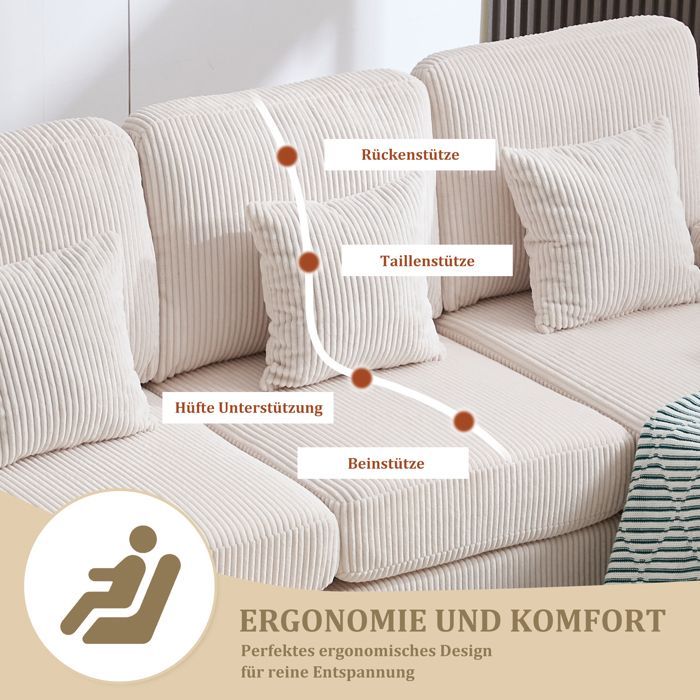 Sofá cama esquinero panorámico en forma de U, de 4 plazas con iluminación LED, 4 cojines, estructura de madera maciza - Pana beige