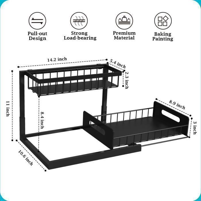 Rangement Sous Evier - Accessoires de cuisine - Noir - Coulissant - Polyvalent - Organisateur