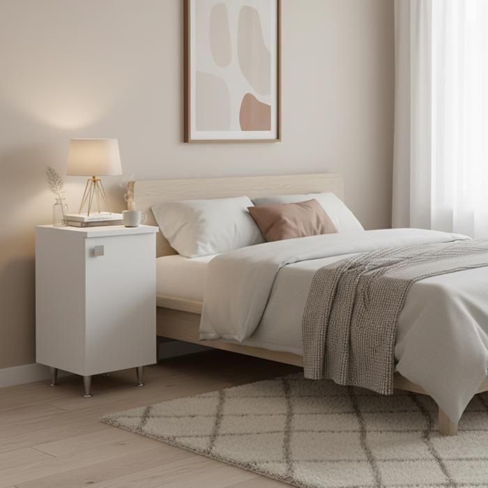 Laag kastje in wit essenhout met 1 deur die naar rechts opent | 50 cm multifunctioneel kastje met metalen poten | Wordt gemonteerd geleverd voor badkamer/hal/wasruimte