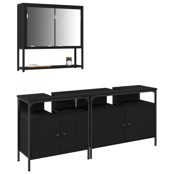 Conjunto de muebles de baño - Roble negro - 3 piezas - Madera de ingeniería - Elegancia chic