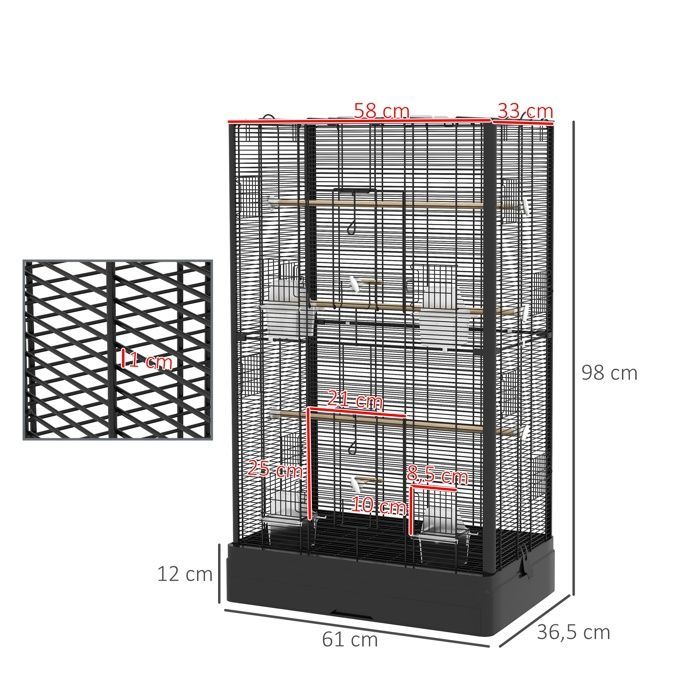 Cage à oiseaux volière avec portes perchoirs cage pour canaris perruches perroquets 61 x 36,5 x 98 cm noir