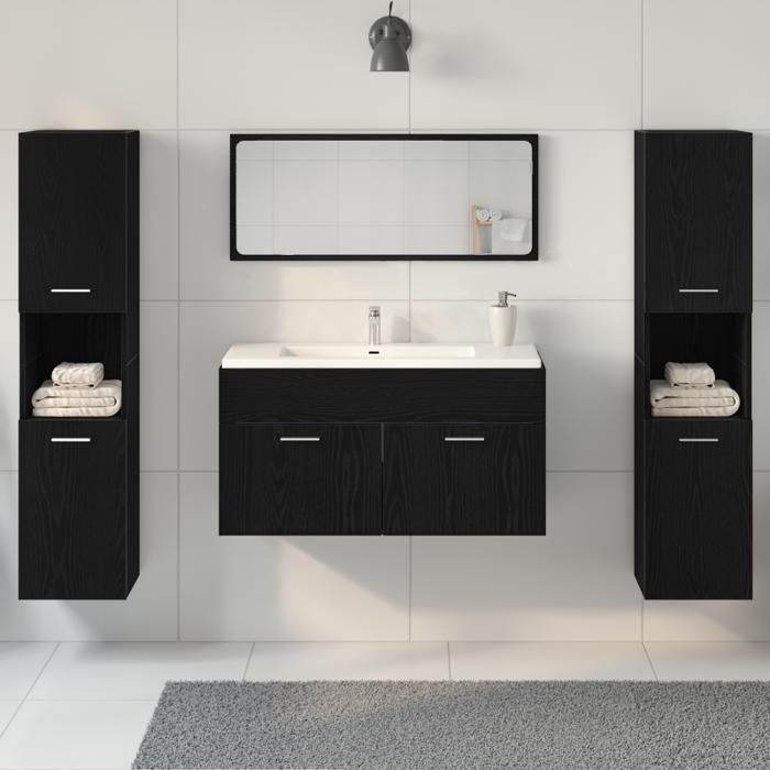 Bathroom furniture set - Black oak - 4 pieces - Engineered wood - Contemporary style