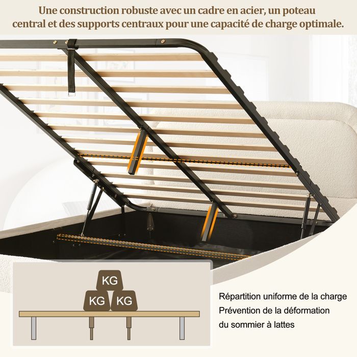 Cama tapizada con almacenamiento de 140x190 cm - MODERNLUXE - Almacenamiento bajo la cama - Cabecero tapizado - Base de láminas - Beige