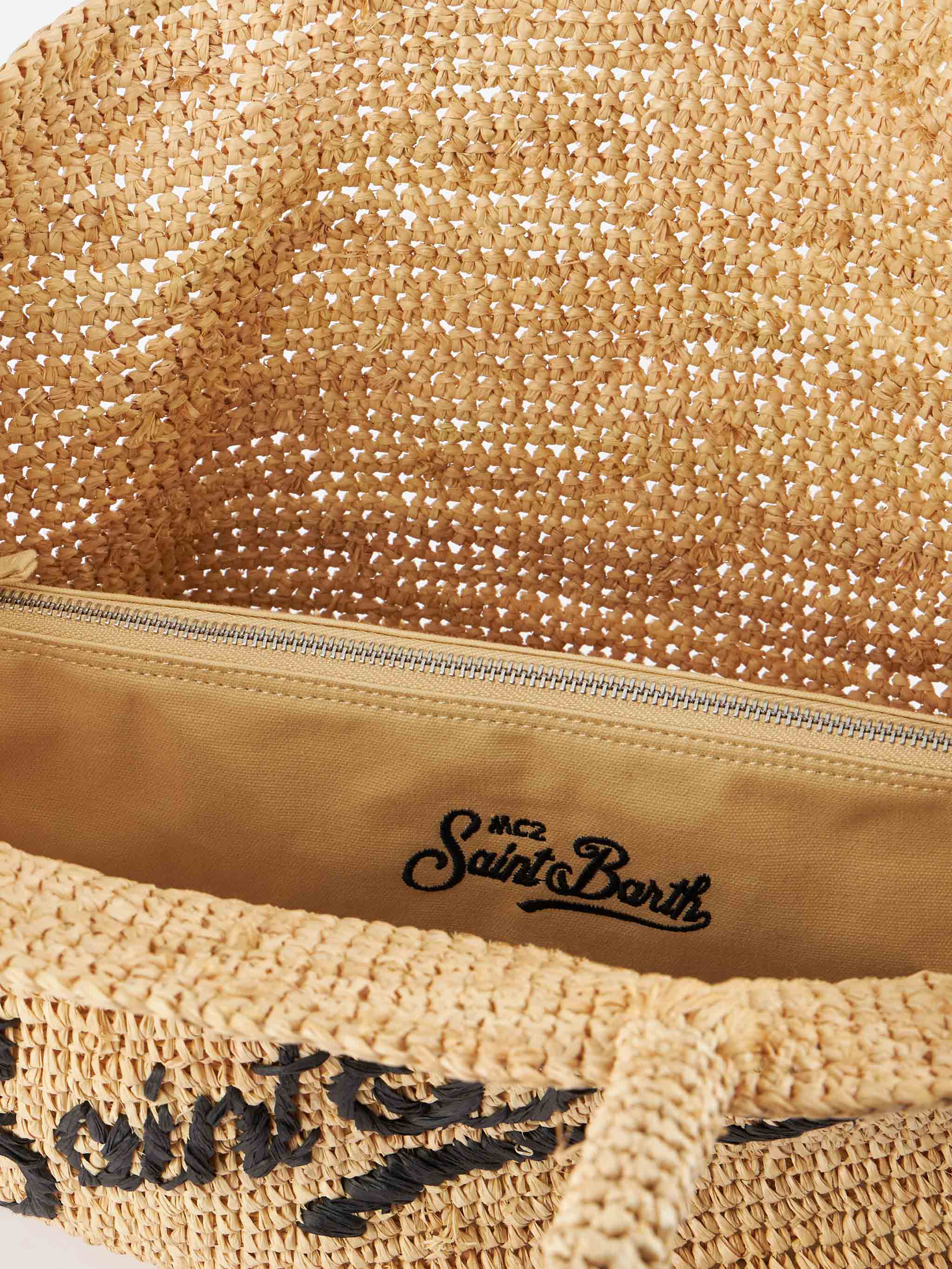 Raffia strandtas met afneembaar katoenen etui - Natuurlijke beige tas met logo-borduurwerk | MC2 Saint Barth