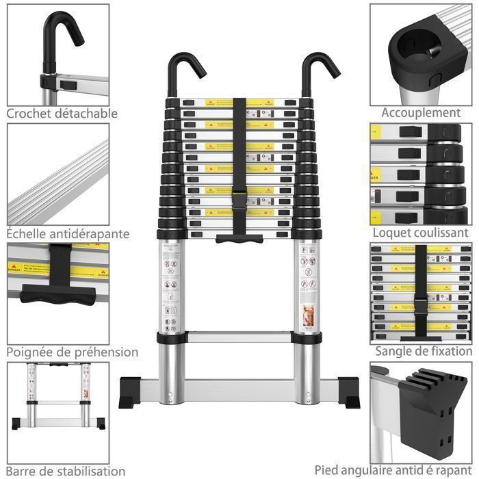 Echelle Telescopique 3,8m en Aluminium Échelle Télescopique, avec Barre Stabilisatrice et Crochets Amovibles,Charge 150 KG