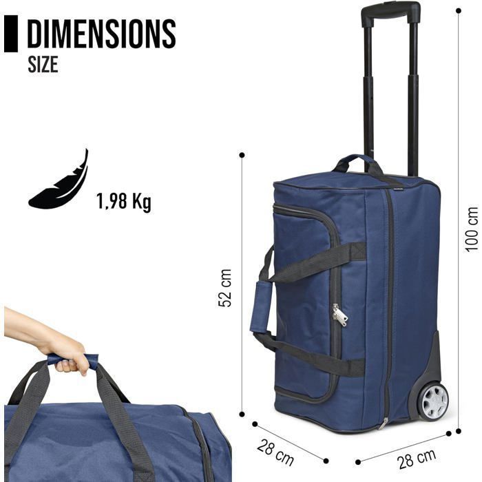 Sac de Voyage Trolley Bleu - Sac à roulettes, canne télescopique, compartiment spacieux, poche zippée, idéal week-end