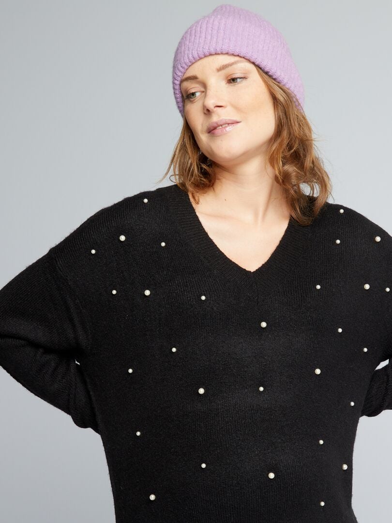 Zwangerschapstrui van tricot met parels - zwart