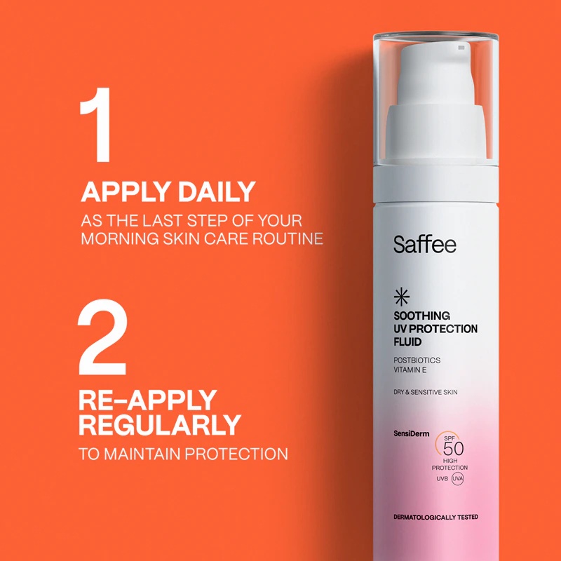 „Saffee SensiDerm Soothing UV Protection Fluid“ – apsauginis skystis sausai ir jautriai odai.