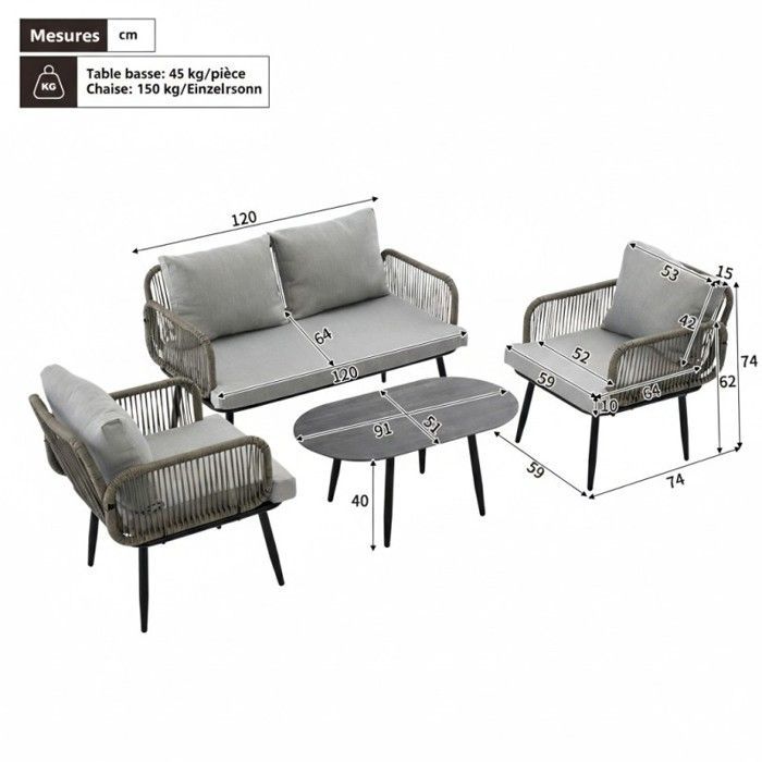 Conjunto de muebles de jardín para exteriores - LANGTU - 4 piezas - Acero galvanizado - Cuerda trenzada - Mesa de cristal con acabado efecto madera