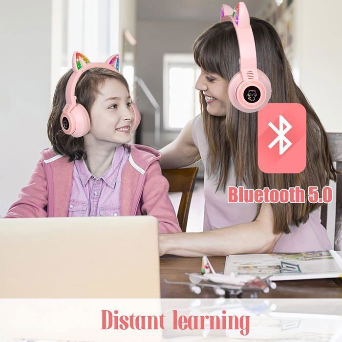 Kids Wireless Bluetooth Headphones: Foldable Cat Ears + LED + Microphone + Card Slot