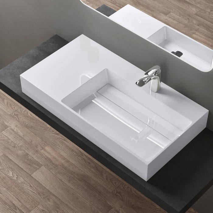 Lavabo mural doporro, blanco, 90 cm, lavabo de encimera con desagüe, lavabo rectangular, 90 x 48 x 13 cm, Colossum12-R