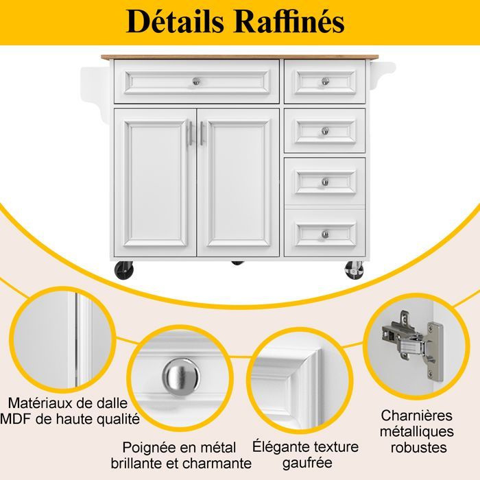 Isla de cocina - GENÉRICA - Aparador rodante extensible - 3 estantes ajustables - Cajones y estantes laterales - MDF/Metal 60 kg