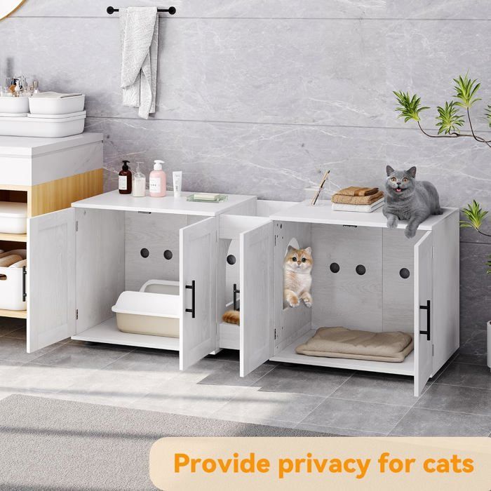 Arenero para 2 gatos, casita de baño para gatos con doble compartimento, bandeja de madera de 140 x 45 x 57 cm - Blanco