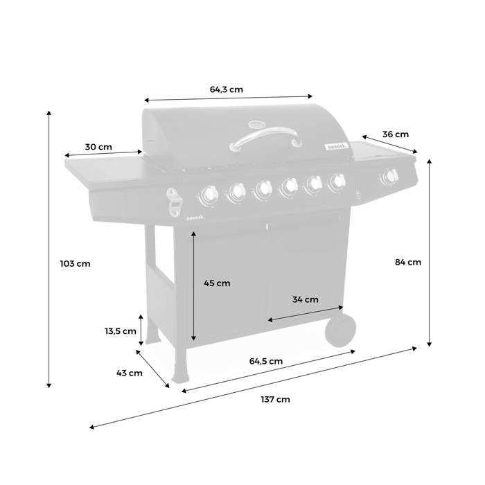 Treville gas barbecue - 7 burners including 1 black side burner, with thermometer