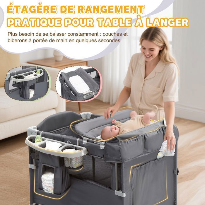 Lit Cododo - LALAHO - Lit Bébé Berceau Cododo pour Bébé avec Matelas, Berceau multifonctionnel pour bébé, 0-36 Mois - Gris
