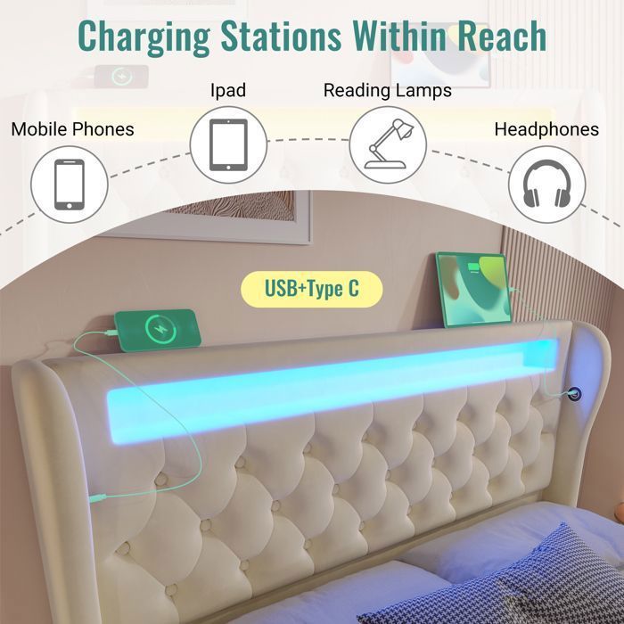 Cama con almacenamiento - Becag - Cama doble de 140x200cm con LED y USB Tipo-C, cama tapizada para adultos con almacenamiento hidráulico, terciopelo beige.