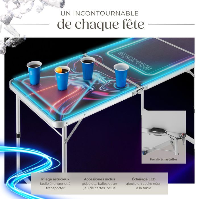 Mesa de beer pong - TECTAKE - BEER WARS I Mesa con iluminación LED, fabricada en aluminio, con 100 vasos, 6 pelotas y una baraja de cartas.