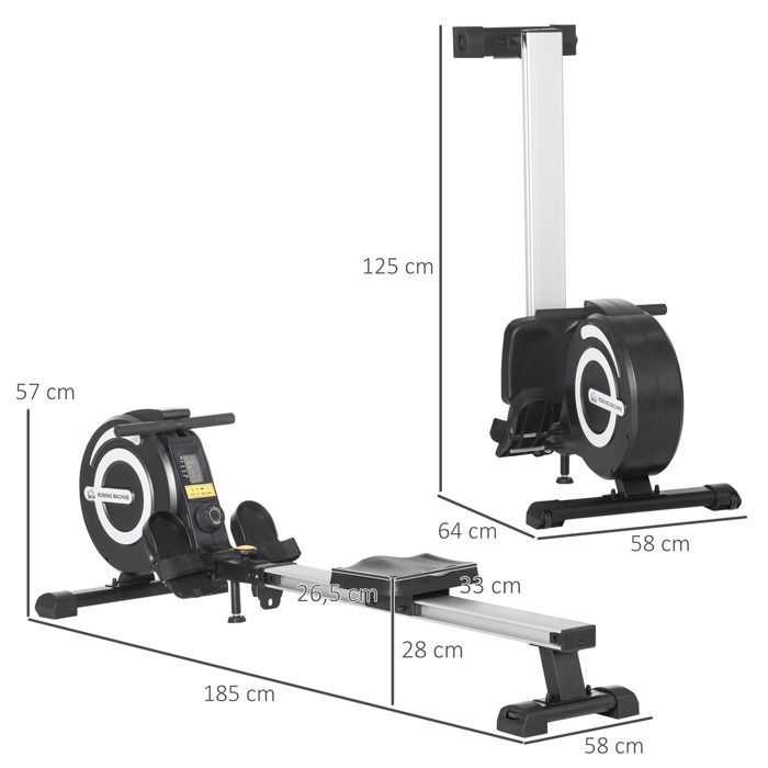 Máquina de remo de interior - HOMCOM - plegable, magnética, silenciosa, 8 niveles de resistencia, pantalla LCD, fitness en casa - ABS y acero - negro y plata