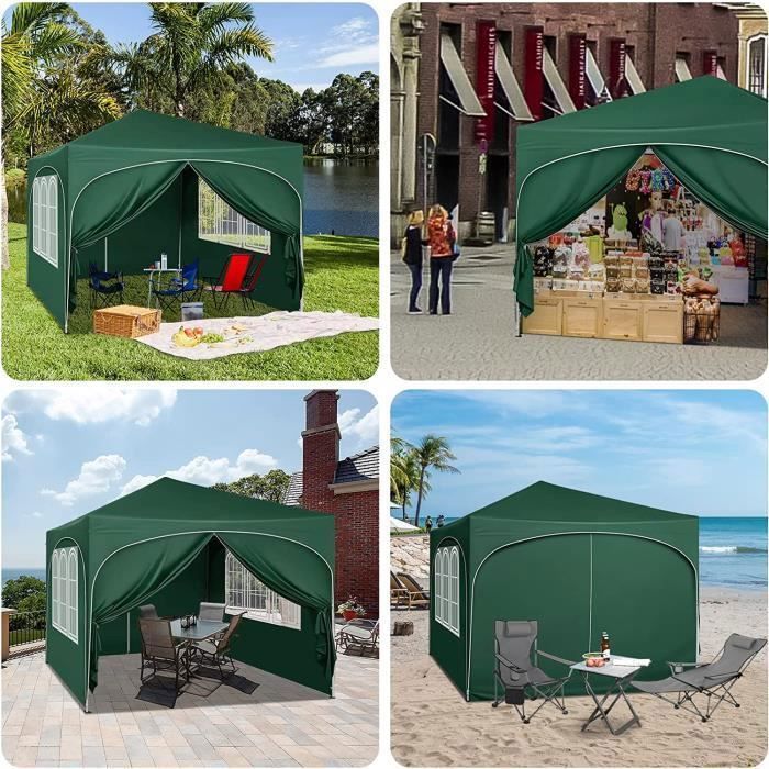 Cenador de jardín WOLTU, pérgola plegable de 3x3 m con 4 paneles laterales, altura ajustable, impermeable, protección UV, verde.