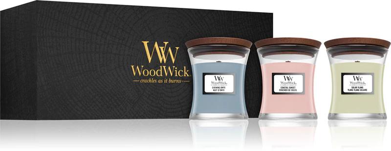 Conjunto de presente com pavio de madeira Woodwick Evening Onyx, Solar Ylang e Coastal Sunset (caixa de presente)