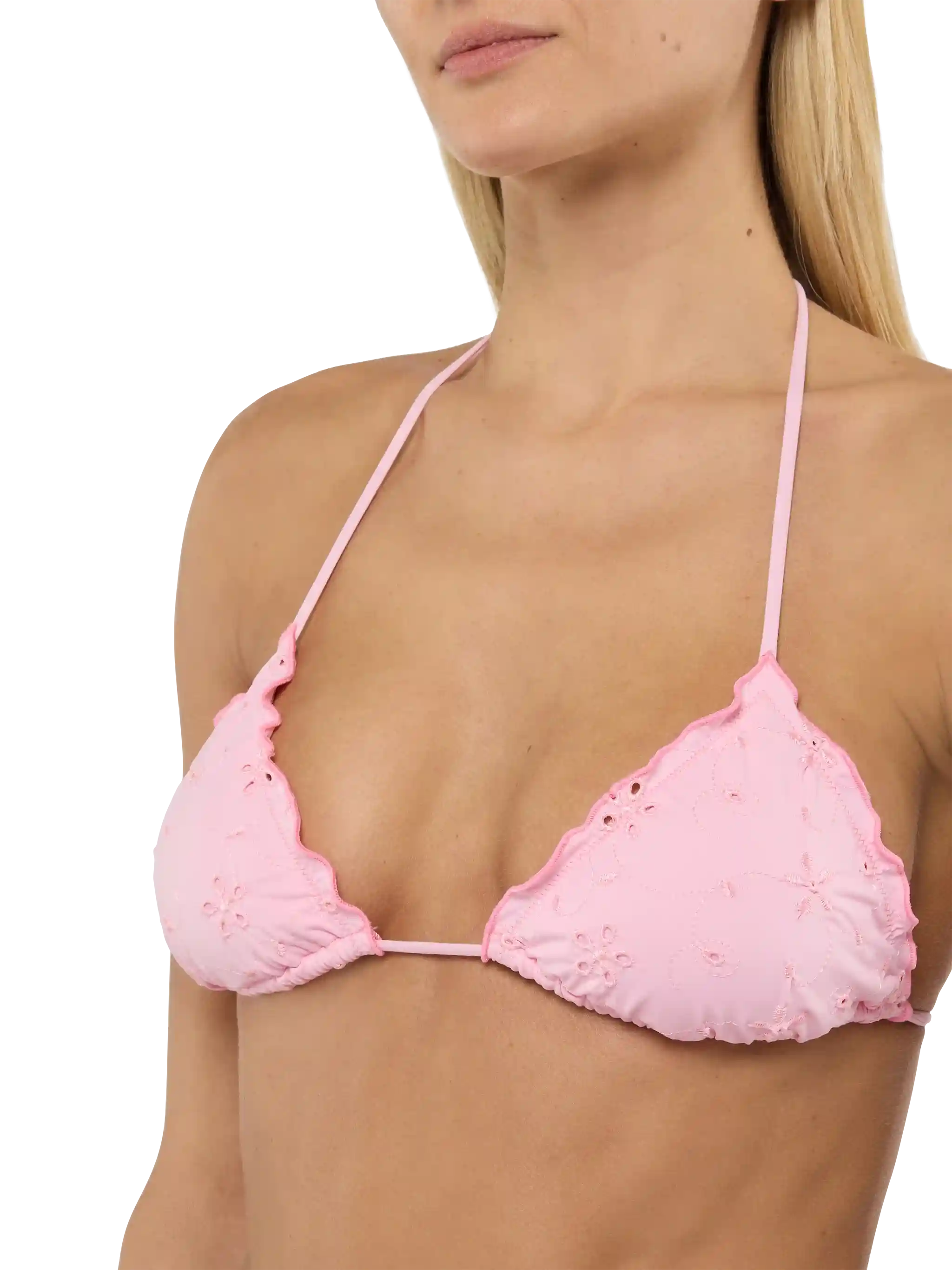 Top triangular clásico Sagitario en encaje rosa Sangallo.