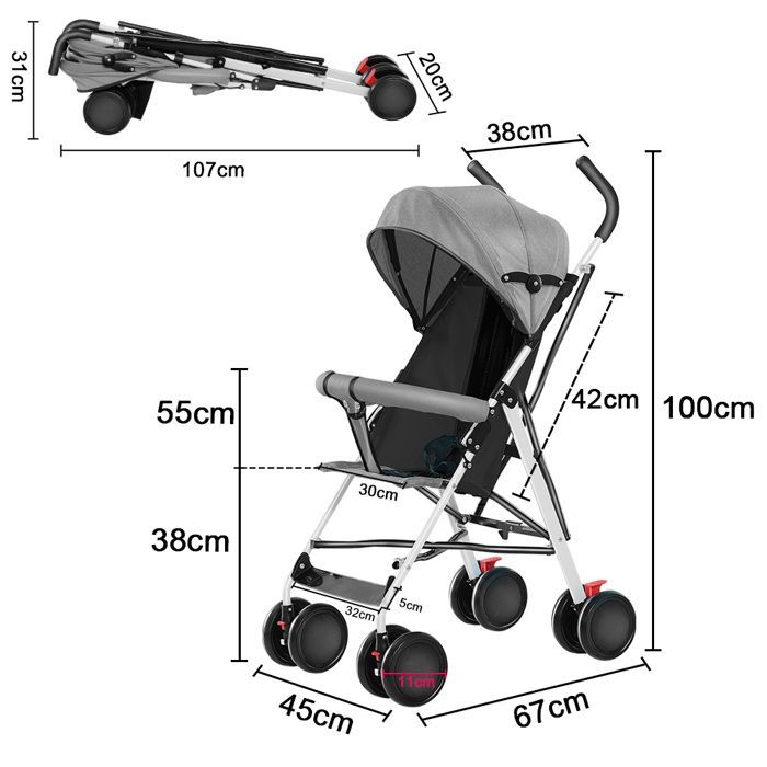 Passeggino singolo - XUANYU - Passeggino a ombrello - Con parapioggia e zanzariera - Grigio