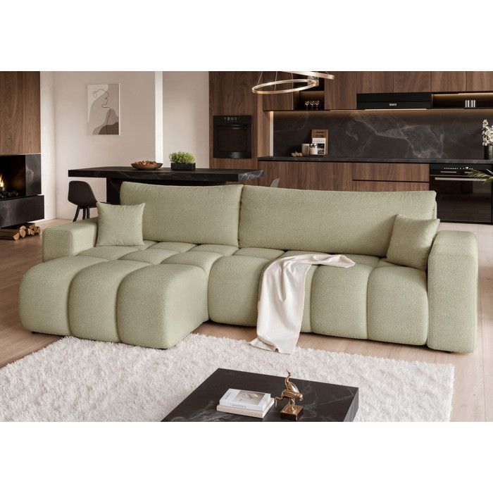 Canapé d'angle Réversible OFI - 5 places - Canape Convertible avec Coffre - Tissu Agréable au Toucher - Vert