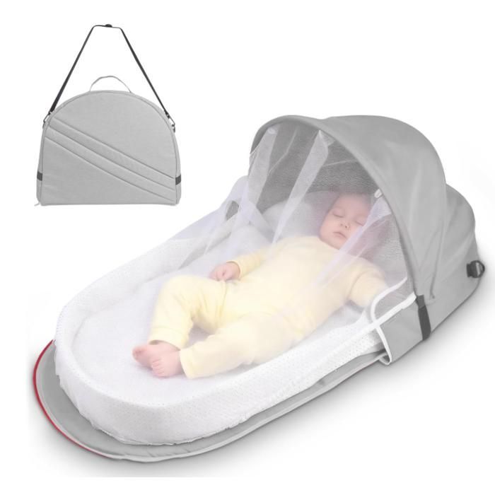 Cuna de viaje portátil para bebé – Moisés plegable convertible con mosquitera – Montaje y transporte en 1 minuto (Gris claro)