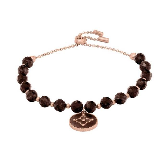 TALLIA Women's Chain Bracelet, Rose Gold Steel, Brown Mother-of-Pearl, Sliding Knot and Brown
