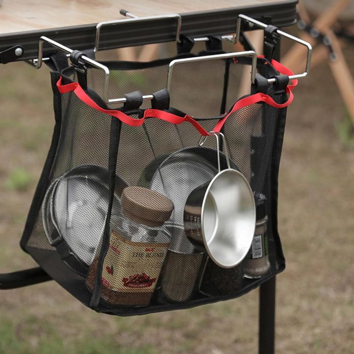 Pochette suspendue en filet, organisateur pour matériel de camping, filet de rangement portable pour le camping, filet de rangement
